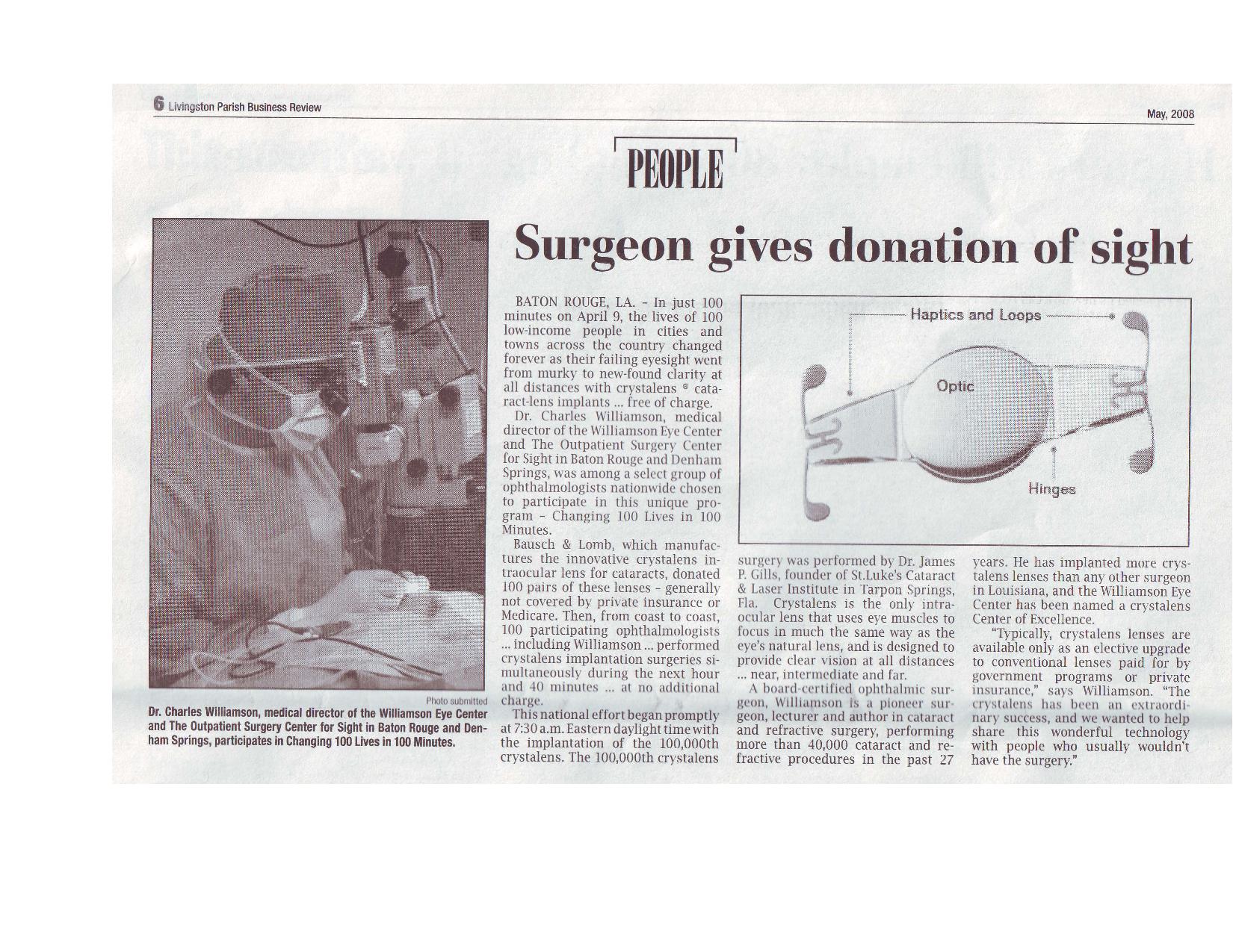 A photo of a newspaper article about Dr. Charles Williamson. The text speaks of him helping 100 people by giving them cataract surgery.