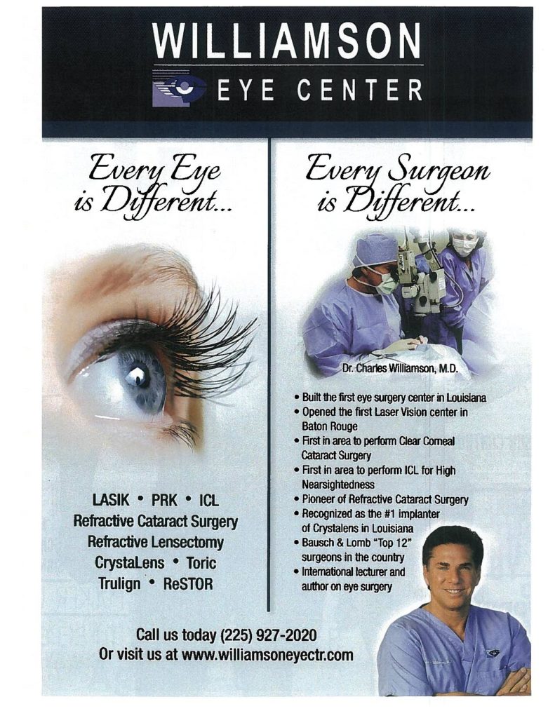 Advertising Brochure from Williamson Eye Center. On the left is an eye with the services Williamson Eye Center Provides, such as LASIK, PRK, ICL, Refractive Cataract Surgery, Refractive Lensectomy, CrystaLens, Toric, Trulign, and ReSTOR. On the right half are some facts about the practice.