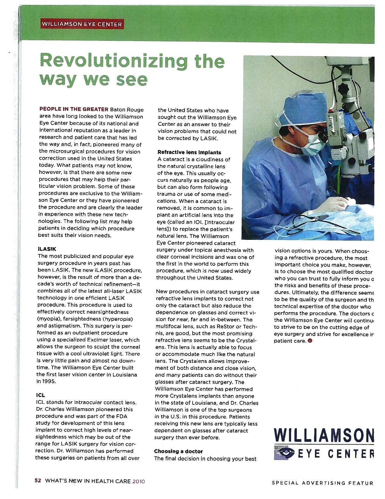 An article from a Williamson Eye Center Featured Ad, talking about iLASIK, ICLs, and Refractive Lens Implants.