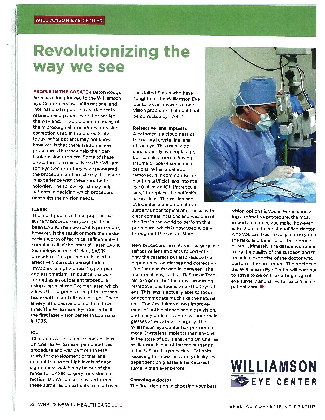 An article from a Williamson Eye Center Featured Ad, talking about iLASIK, ICLs, and Refractive Lens Implants.